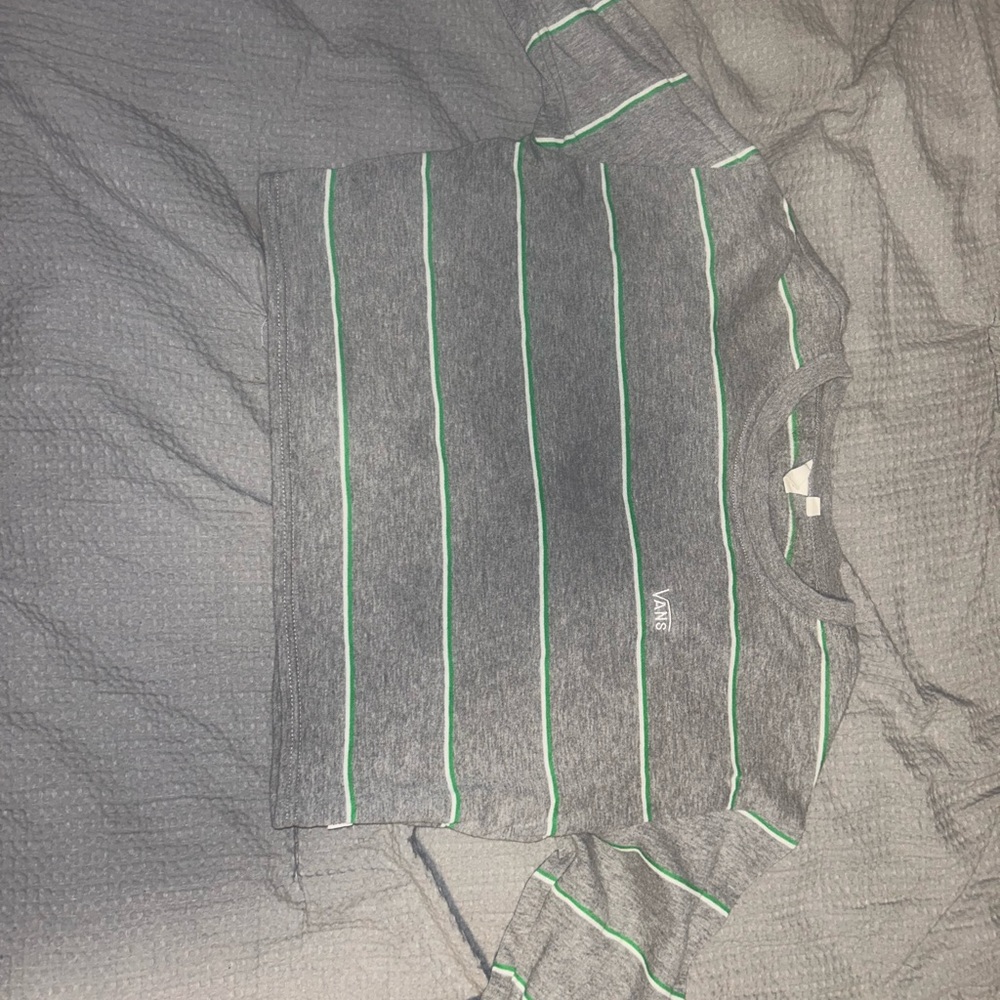 Vans gray long sleeve shirt with green ans white stripes
